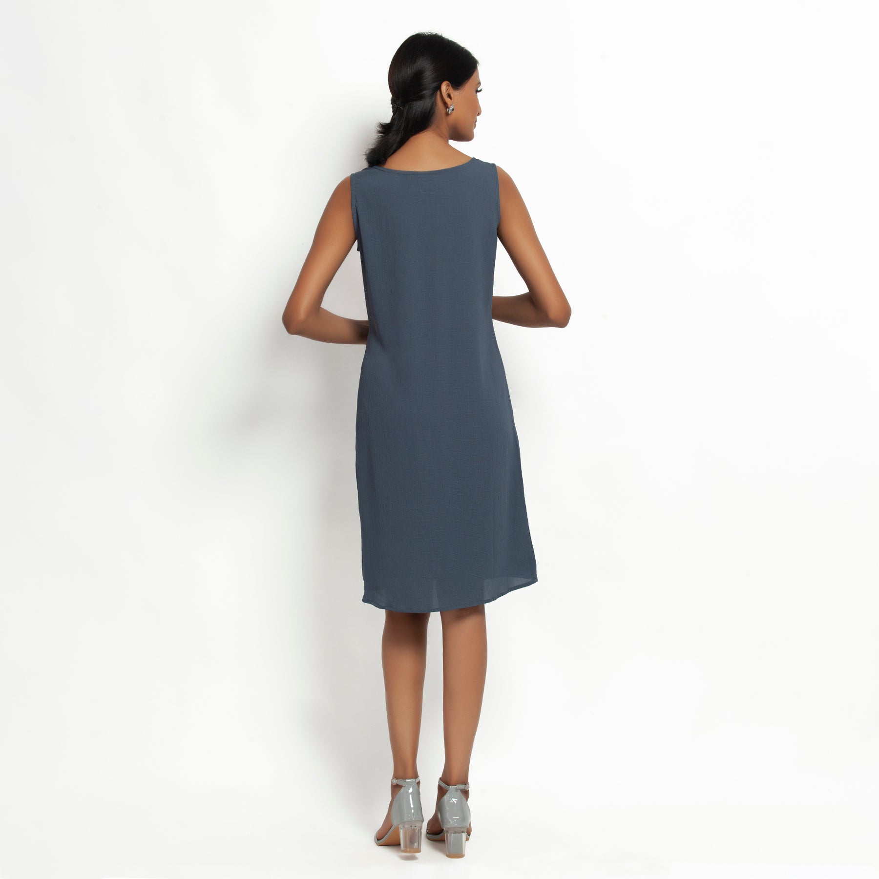 Stone Blue Crepe Without Sleeves Dress