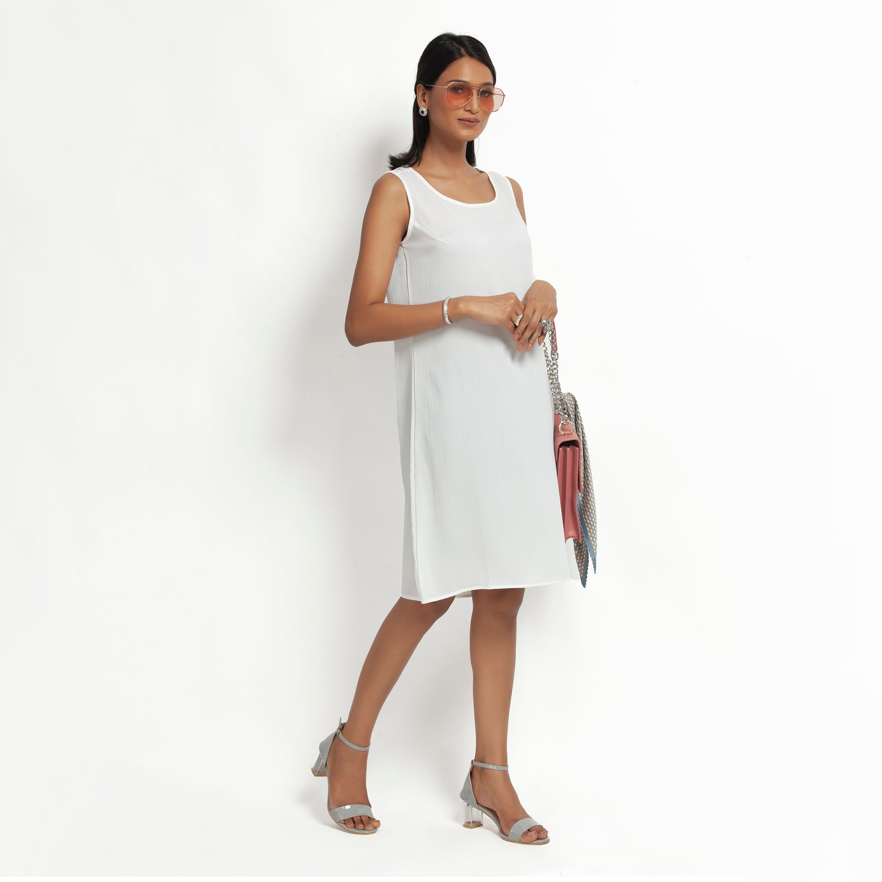 White Crepe Without Sleeves Dress