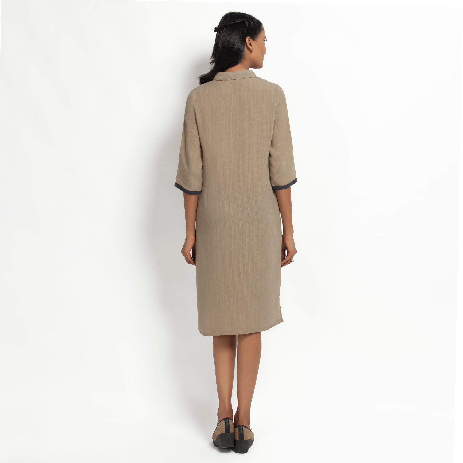 Beige Straight Tunic Jacket With Contrast Pocket