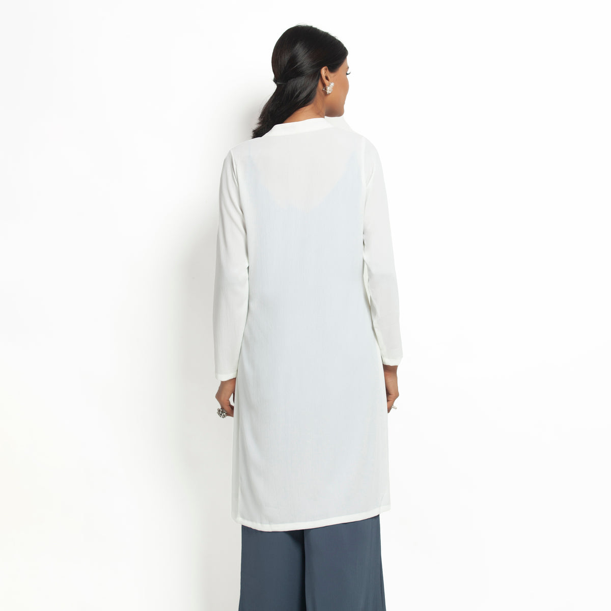 White Crepe Jacket with Tie Knot for Women-1