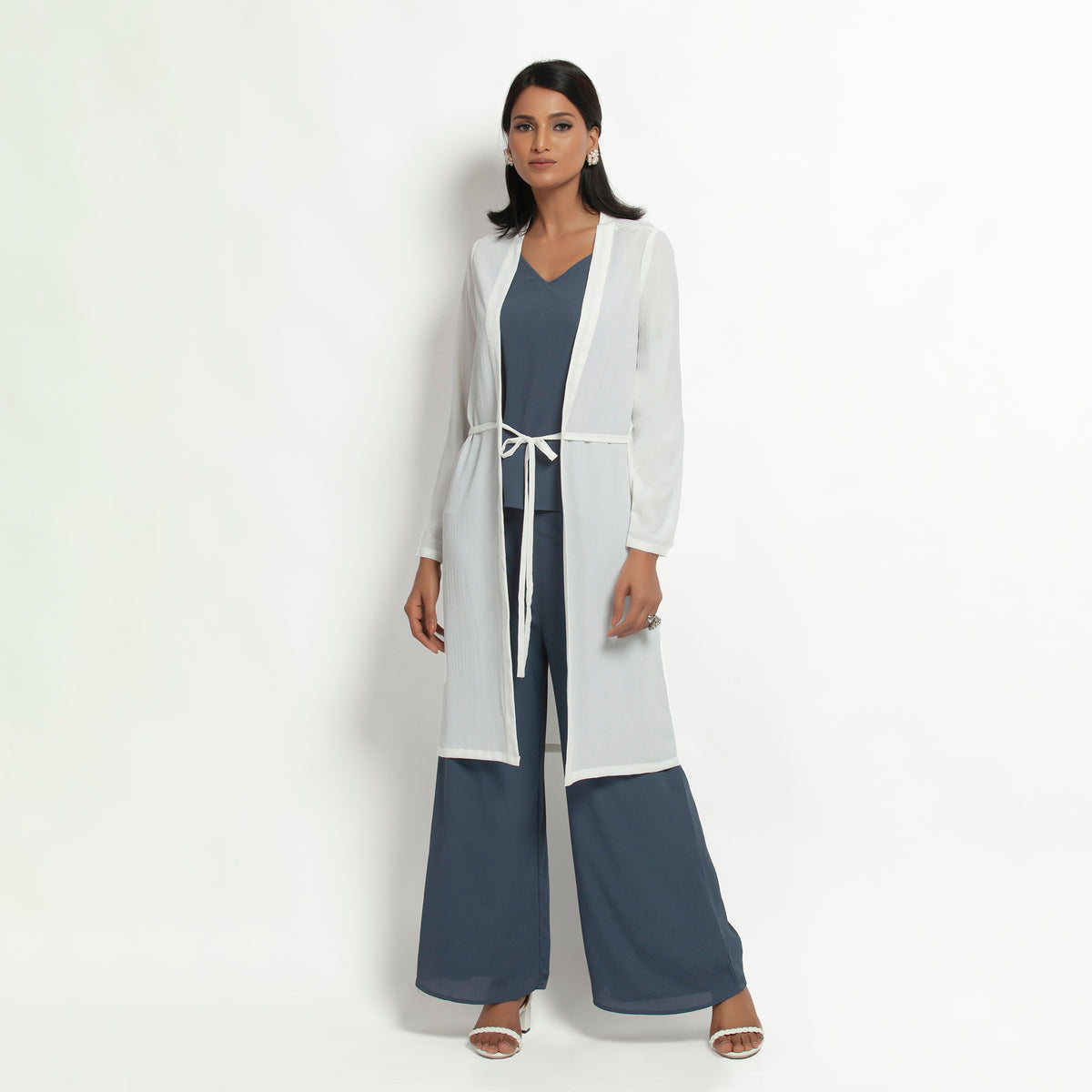 White Crepe Jacket with Tie Knot for Women-2
